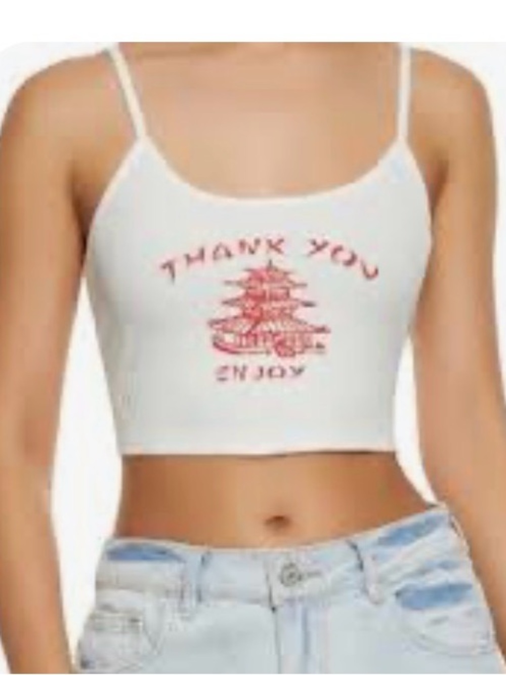 White 'Thank You. Enjoy’ Graphic Crop Tank Top